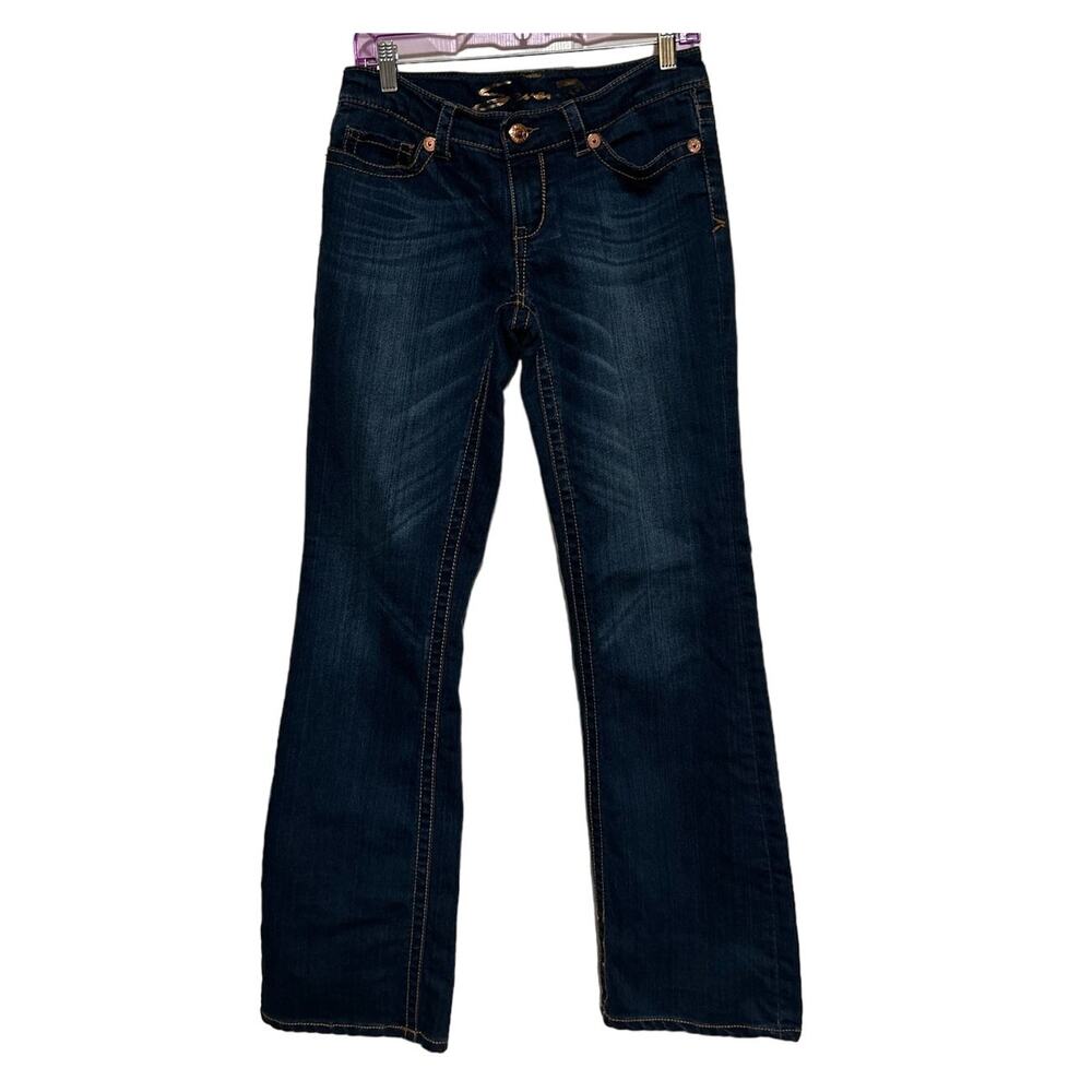 Seven7 Women's Boot Cut Dark Wash Copper Trim Button Embroidered Pockets Size 28